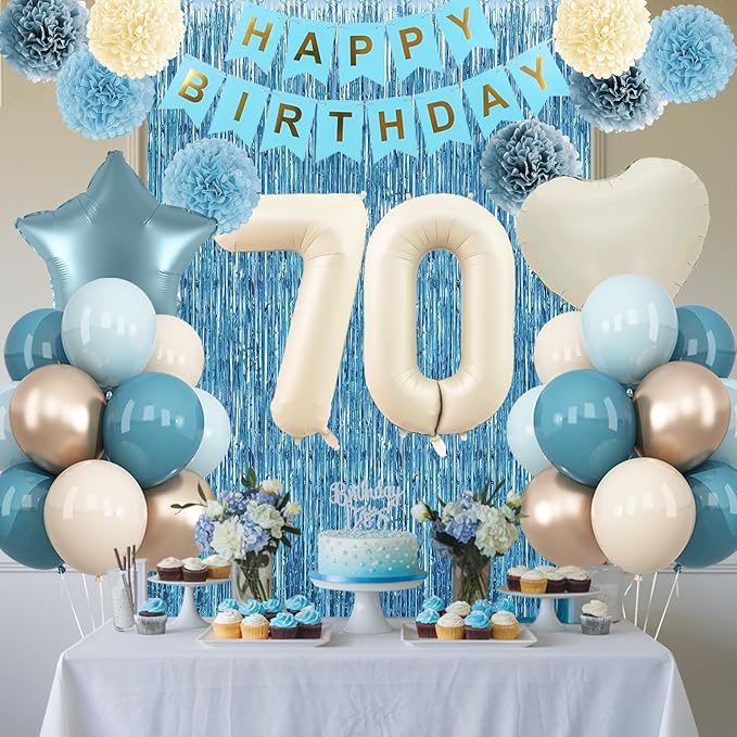 Dusty Blue 70th Birthday Party Decorations for Women Men Beige Cream Number 70 Balloon with Blue Gold Happy Birthday Banner Fringe Curtain Paper Pom Poms Nude White Sand Champagne Star Foil Balloons