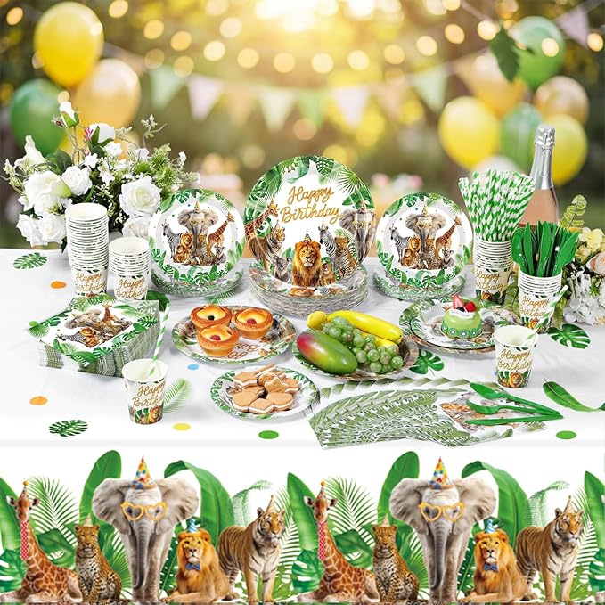 Ceenna 452 Pcs Safari Birthday Party Decorations for 50 Guests, Jungle Animals Paper Plates Napkins Cups Tablecloth Cutlery Straw Wild Animals Tableware for Zoo Theme Birthday Party Supplies