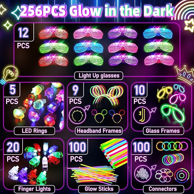 Glow in the Dark Supplies for Kids Adults, Light Up Party Favors, 56 LED Light Up Toys, 100 Glow Sticks Bulk Party Pack DIY Glasses Headbands Necklaces for Neon Party Supplies & Decorations