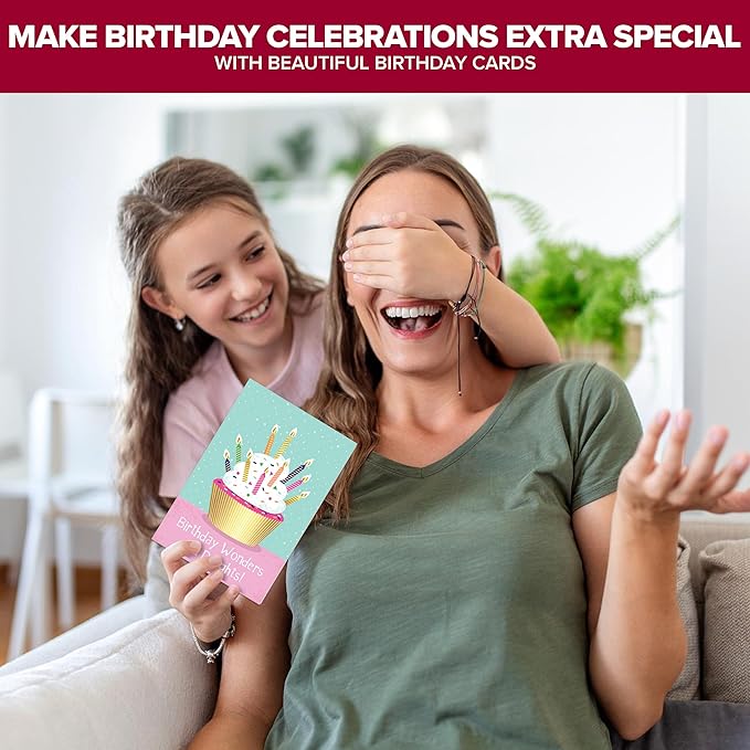 Decorably 50 Pack Foiled & Glittery 6x4in Assorted Adult & Kids Happy Birthday Cards Bulk with Envelopes & Stickers, 50 Unique Designs for Family, Friends & Loved Ones, Printed Message - Gifting