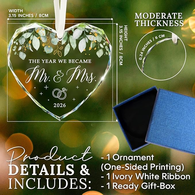 HEXMOZ Wedding Gifts for Couples 2026 - Mr and Mrs Gifts - Bridal Shower Gift, Wedding Ideas for Newly Wed, Bride, Future Mr Mrs - Just Married Glass Ornament 2026, 1st Married Couple Christmas Decor