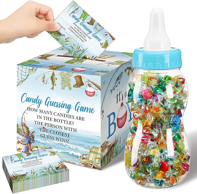 Glenmal 52 Pcs Little Fishman Baby Shower Games Gift Sets Large Baby Bottle for Shower Game Guess How Many Candies Decorations for Gender Reveal