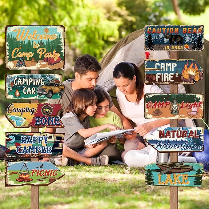 Hooqict 20 Pieces Camping Party Decorations Camping Themed Party Directional Signs for Summer Camp Day Classroom Welcome to Camp Birthday Decor Picnic Yard Sign