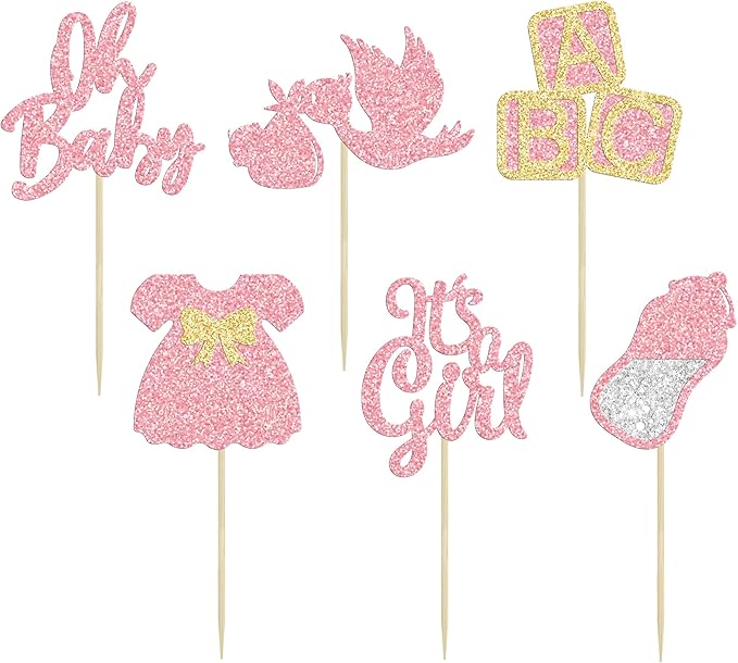 24Pcs Baby Shower Oh Baby Cupcake Toppers with Bow Dress Bottle Swan Pink Glitter It's a Girl Cake Picks Decorations for Baby Shower Gender Reveal Girls Birthday Party Supplies