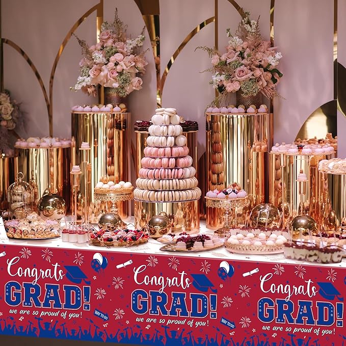 12Pack Graduation Tablecloth Party Decorations, Class of 2026 Congrats Grad Plastic Tablecover Party Supplies, Red and Blue Rectangle Graduation Table Decor for College High School Party, 54 x 108Inch