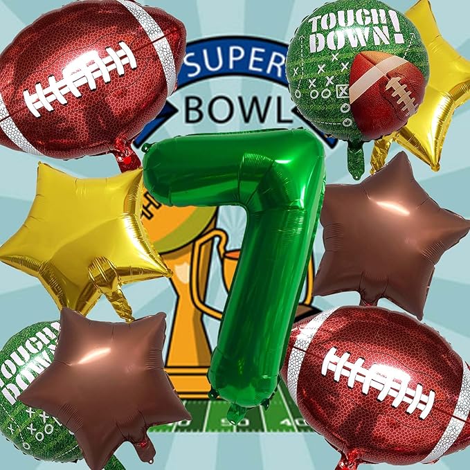 Football Balloons Foil Football Birthday Decorations Balloons Green Number 7 Balloon Gold Brown Star Touchdown Ballons for Rugby Birthday Decorations Sports Ballons Arch Kits Party Balloon Sets 9pcs