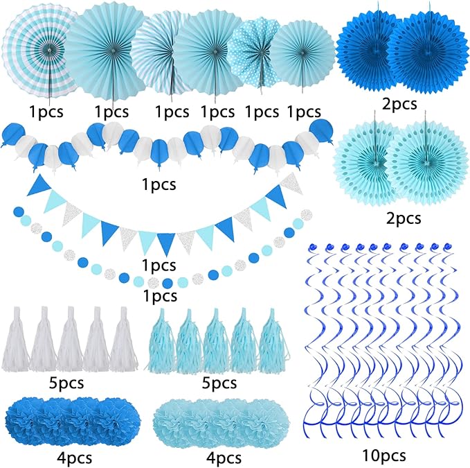 ZERODECO Party Decorations, 41 Pcs Blue Papar Fans Pompoms Garlands String Tissue Paper Tassel for Fiesta Home Bridal Baby Shower Wedding Boy Girl Birthday Party
