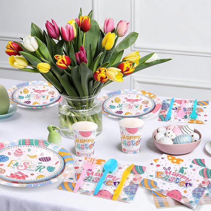 Kochorie 168 Pieces Easter Paper Plates and Napkins Colorful Happy Easter Bunny Egg Party Supplies Include Disposable Paper Plates Cups Napkins Plastic Cutlery for Spring Holiday Party Decor Serves 24