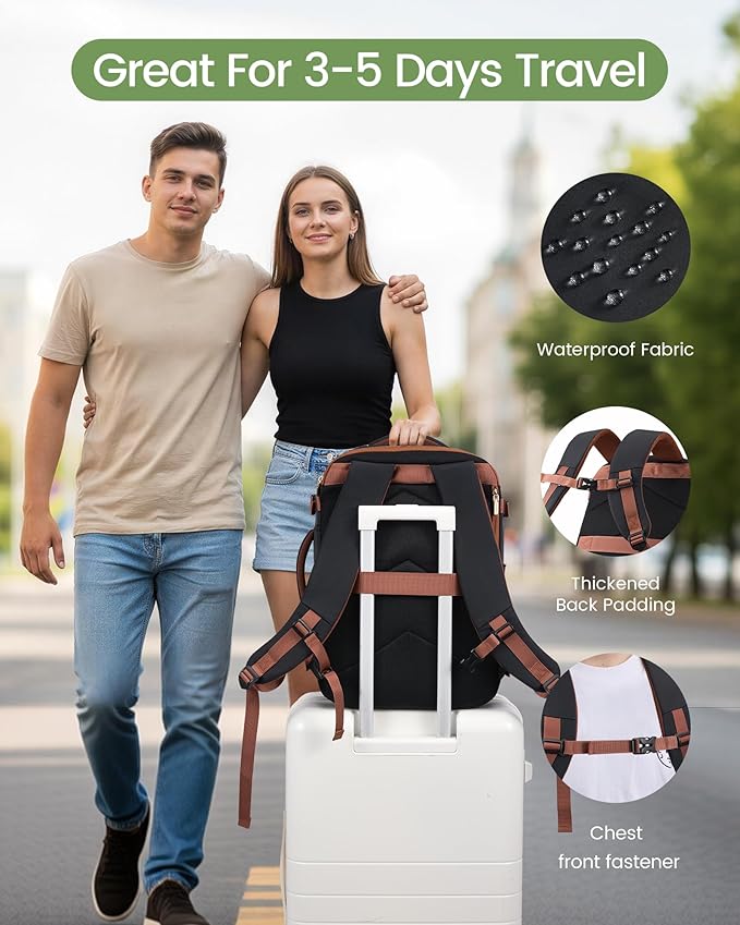 LOVEVOOK 50L Travel Backpack for Women & Men, Airline Approved Carry On Backpack, TSA Personal Item Bag fits 18.0 Inch Laptop, Waterproof Weekender Overnight Bags Suitcase for Work, Black-Brown-Beige