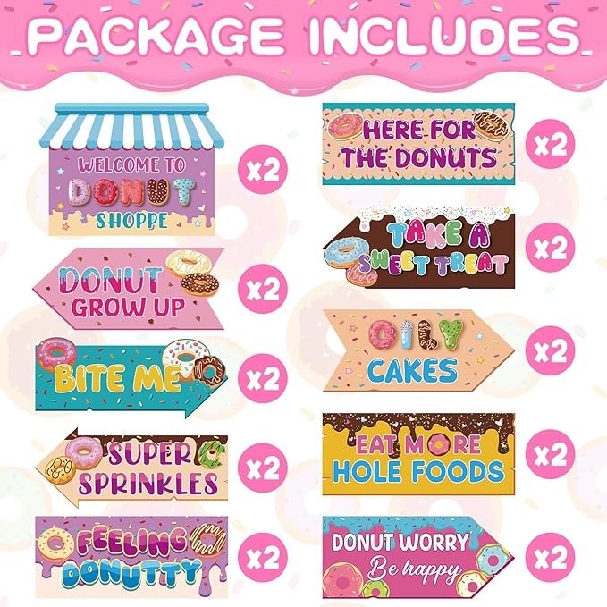 Hooqict 20 Pieces Doughnut Party Sign Welcome to Donut Party Directional Signs for Kids Girls Sweet Donut Themed Birthday Decorations Supplies
