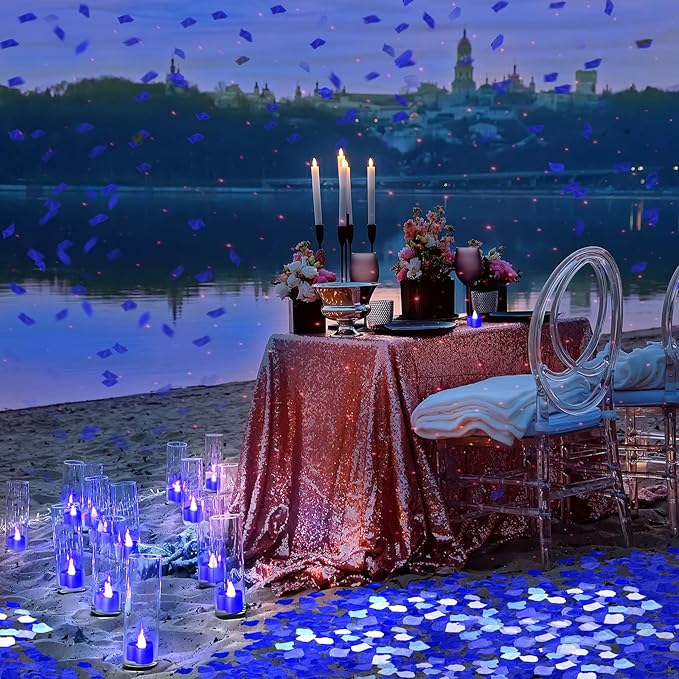 VIHOSE 4000 Pcs Artificial Rose Petals with 24 Pcs LED Tea Lights Candles Flameless LED Candles Fake Rose Petals for Wedding Birthday Party(Blue Light, Vivid Color Petal)