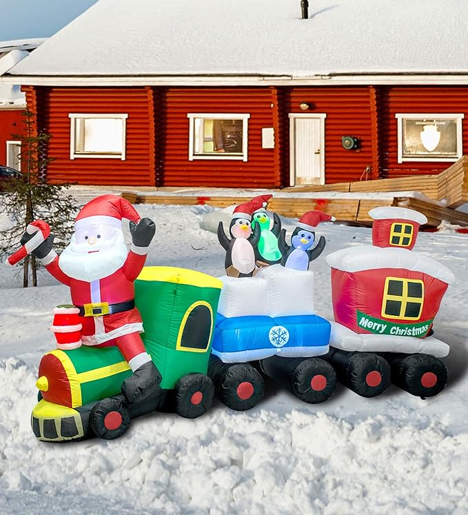 TRMESIA Christmas Inflatable Santa Train Decoration for Outdoor, 8ft Long Santa Claus Penguin Train Blow up Decoration with Flashing Lights Christmas Indoor Outdoor Yard Holiday Display Party Decor