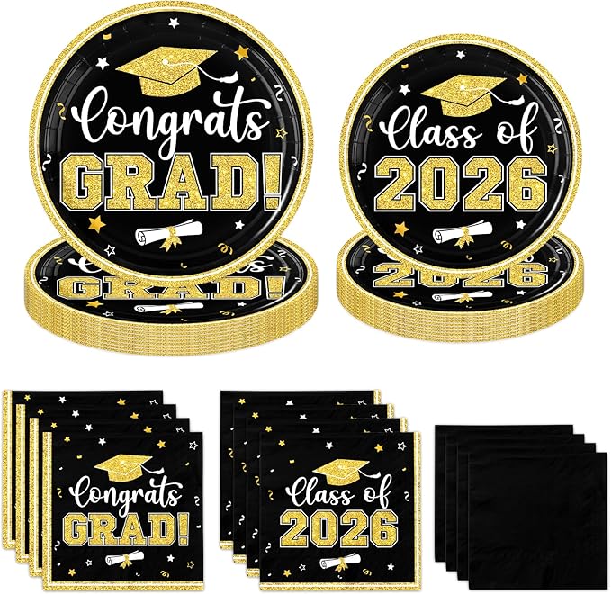 Black and Gold Graduation Decorations,200pcs Black and Gold Graduation Paper Plates and Napkins,Class of 2026 Plates for Grad Party Decorations,Serve 50