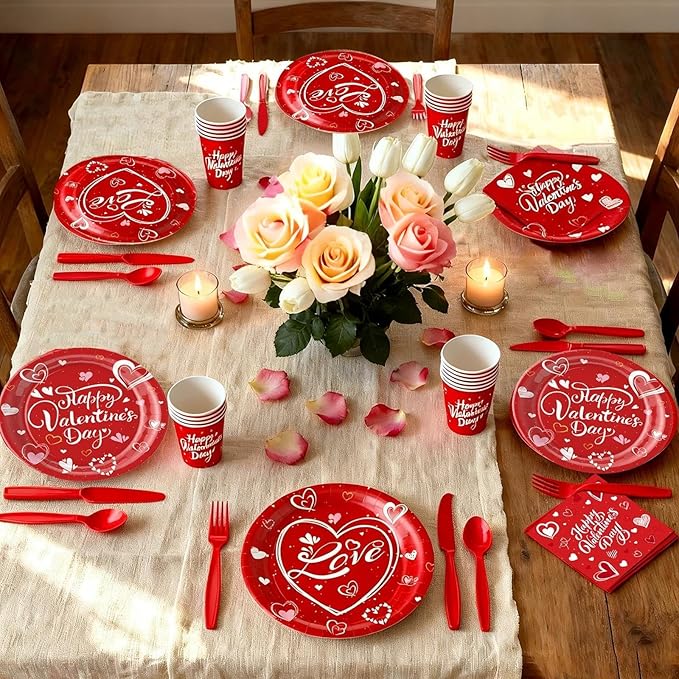 112PCS Valentine’s Day Heart Party Plates Supplies Love Red Heart Party Tableware Decoration Disposable Paper Plates Napkins Forks for Graduation, Anniversary(Serves 16)