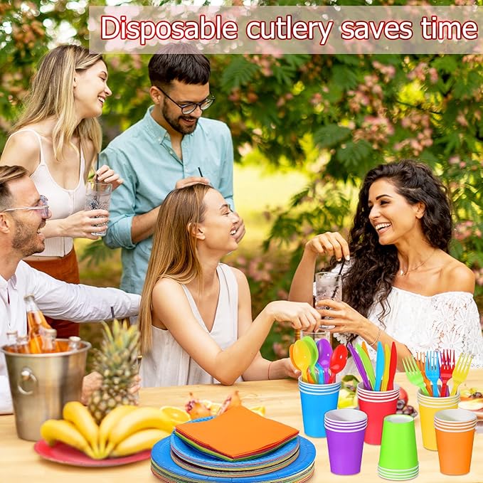 Jinei 168 Pcs Disposable Rainbow Party Supplies Set 7 Inch 9 Inch Colorful Paper Plates Napkins Cups Plastic Tableware Forks Spoons Knives for 24 Guests for Rainbow Theme Birthday Party Wedding