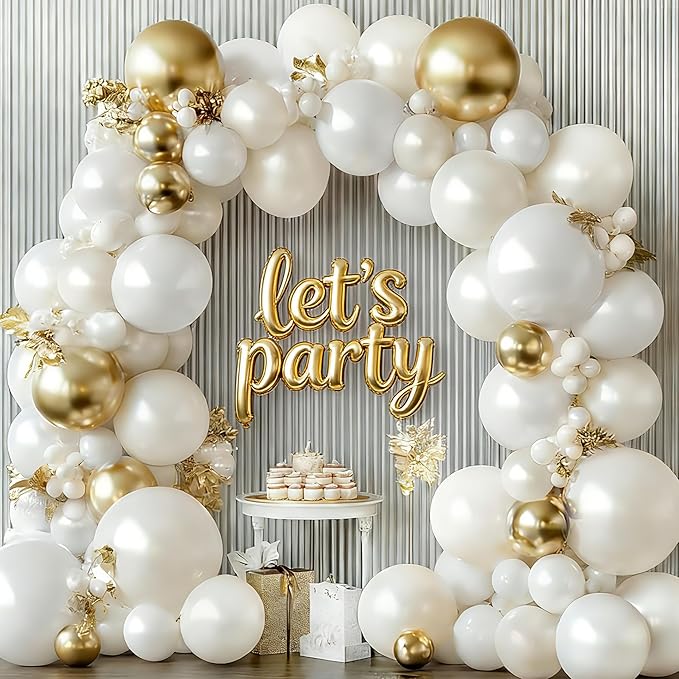 White and Gold Balloons Arch Kit - 129 pcs Double Stuffed Pearl White Sand Beige Ivory Chrome Gold Bobo Balloons for Wedding Birthday Party Decorations