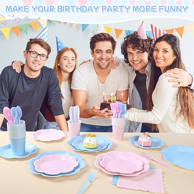 400 Pcs Gender Reveal Plates and Napkins set - Serve 50, Boy or Girl Gender Reveal Party Supplies Includes Pink and Blue Scalloped Plates Napkins Cups Plastic Spoons Forks Knives for Baby Shower