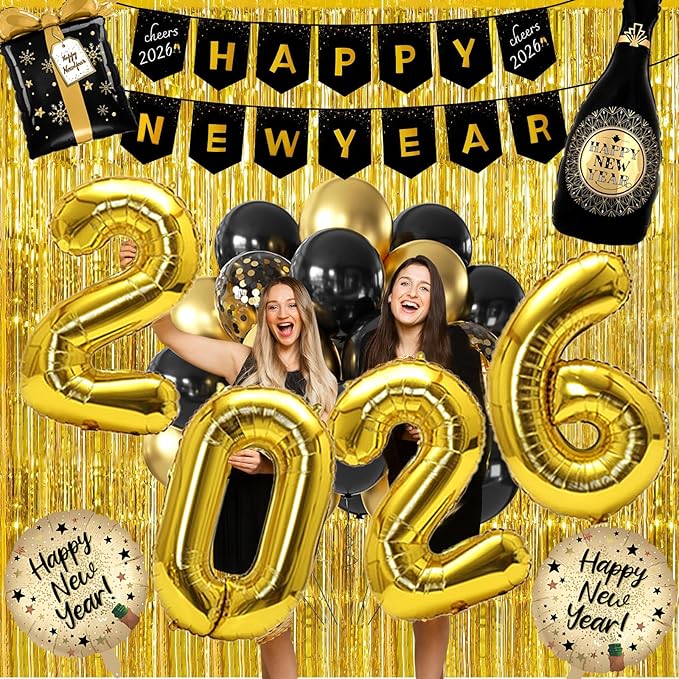 New Years Eve Party Supplies 2026-73 PCS Happy New Years Decorations-Party Favors Includes Hats, Banner, Glasses, Tiaras, Squawkers Blowers, Balloons, Fringe Curtain Accessories Nye Decorations 2026