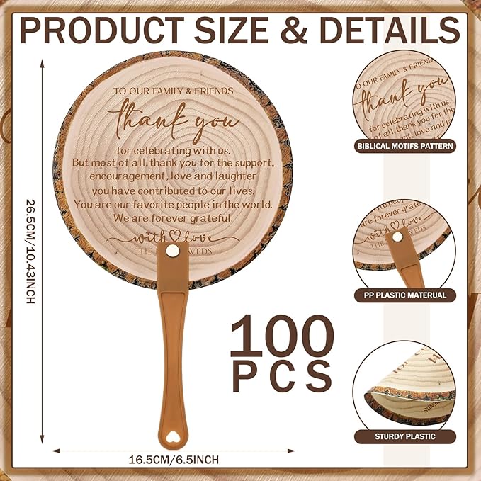 100 Pcs Wedding Hand Fans for Guests Bulk Decorative Plastic Handheld Wedding Favor Fans with Handle Thank You for Celebrating with Us for Ceremony Bridal Shower Party Decor (Tree Bark)