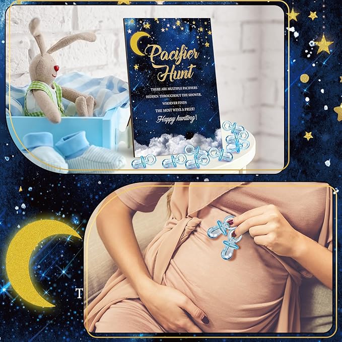 Thyle 51 Pcs Over The Moon Pacifier Hunt Baby Shower Games Include Navy Blue Starry Night Hunt Sign and Acrylic Pacifiers Moon Theme Baby Shower Game Decoration Gift Sets for Gender Reveal Party Decor