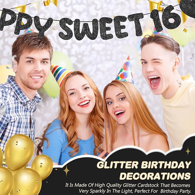 Fulmoon Pre Strung Happy Sweet 16 Banner Glitter Sixteenth Birthday Party Decorations 16th Party Sign Sweet 16 Party Decorations for Birthday Party Bachelorette Party(Black)