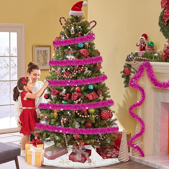50 Feet Christmas Tinsel Garland, Metallic Twist Garland Wall Hanging Tinsel Garland Backdrop for Parade Floats, Carnival, Birthday, Wedding, New Year Party Decorations (Fuchsia, 2in x 50ft)