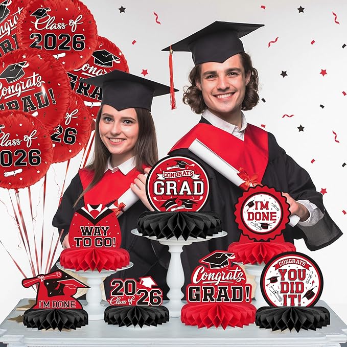 9PCS Graduation Decorations 2026 Congrats Grad Table Centerpiece Congratulate Graduation Honeycomb Table Toppers for Graduation Party Supplies(Red,Black）