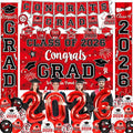 Graduation Decorations Class of 2026 - Red Graduation Party Supplies with Congrats Grad Backdrop & Banner, Hanging Swirls, Porch Sign, Balloons for High School & College Celebrations