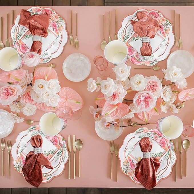 Whaline Floral Tableware Set Pink Flower Rose Gold Foil Disposable Party Supplies Scalloped Plates Paper Napkins Cups for 25 Guests Spring Wedding Bridal Baby Shower Birthday