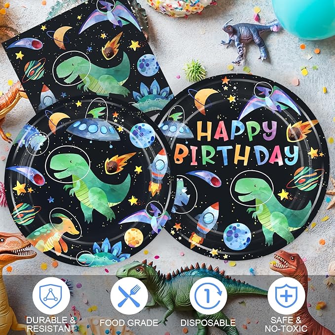 168PCS Dinosaur Party Supllies for Boys Cartoon Dino Birthday Party Decorations with Space Astronauts Planet,Dinosaurs Plates Cups Napkins Tableware -24 Guests