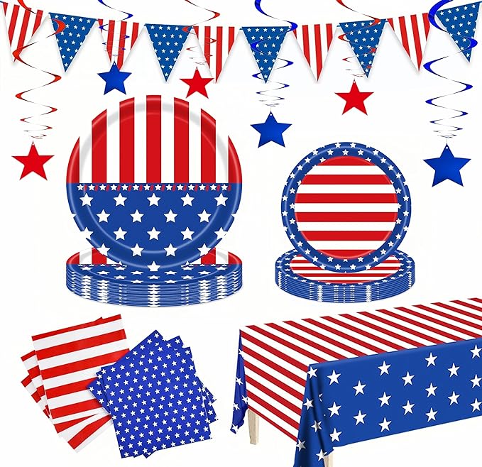 4th of July Party Supplies Set, Patriotic Party Decorations Sets,American Flag Banner Plates and Napkin Tablecloths, 4th of July Decorations Red White and Blue for Memorial ,Serve 25