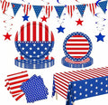 4th of July Party Supplies Set, Patriotic Party Decorations Sets,American Flag Banner Plates and Napkin Tablecloths, 4th of July Decorations Red White and Blue for Memorial ,Serve 25