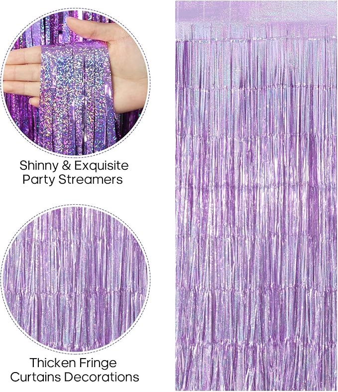 2 Pack Fringe Curtains Backdrops, Foil Fringe Curtains, Door Streamers for Birthday Wedding Bridal Shower Holiday Graduation Party Decorations, Photo Booth Backdrops, Glitter Light Purple