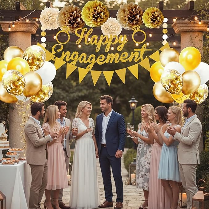 Engagement Party Decorations Set - Complete Kit with Gold “Engaged” Banner, Garland, 20 Balloons & 6 Pom Poms for Proposal & Engagement Celebration DecorComplete (Gold)