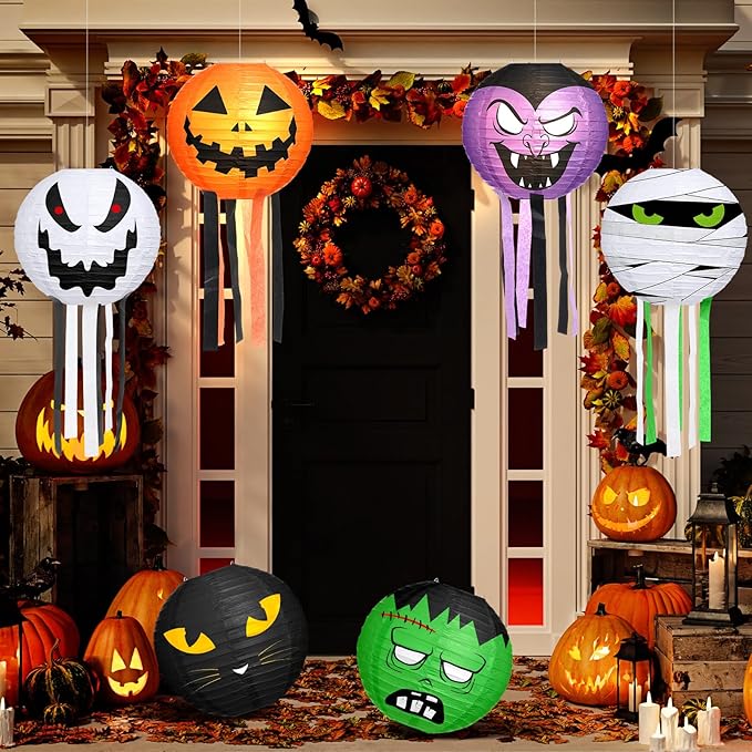VIHOSE 6 Pcs Halloween Hanging Decorations Paper Lanterns, Jack-o-Bat Lanterns with Tassels Halloween Lantern Decorative for Indoor Outdoor Party Trick-or-Treat Event Supplies