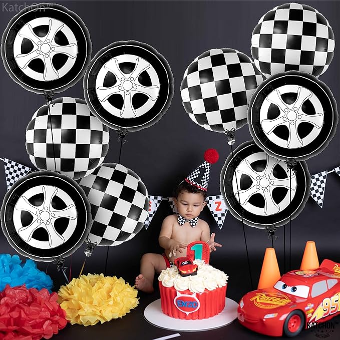 KatchOn, Huge Tire Balloons and Checkered Balloons - 18 Inch, Pack of 12 | Two Fast Two Curious Birthday Decorations | Tire Balloon, Two Fast Birthday Decorations | Race Car Birthday Party Decorations
