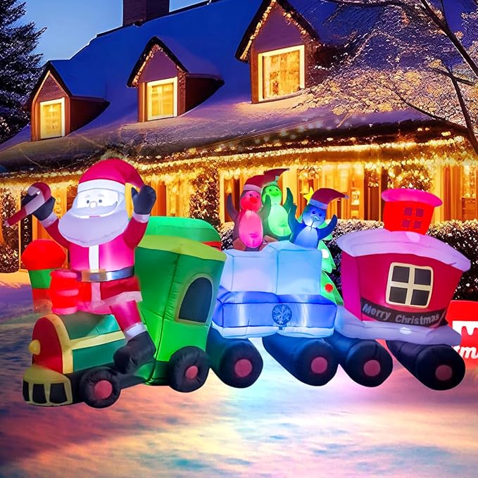 TRMESIA Christmas Inflatable Santa Train Decoration for Outdoor, 8ft Long Santa Claus Penguin Train Blow up Decoration with Flashing Lights Christmas Indoor Outdoor Yard Holiday Display Party Decor