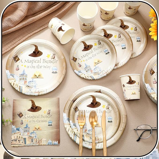 350 Pcs Magical Wizard Party Decorations Supplies A Magical Bundle Is On The Way Tableware Set Disposable Plates Cups Napkins Cutlery for Birthday Shower Wizard Party, Serve 50