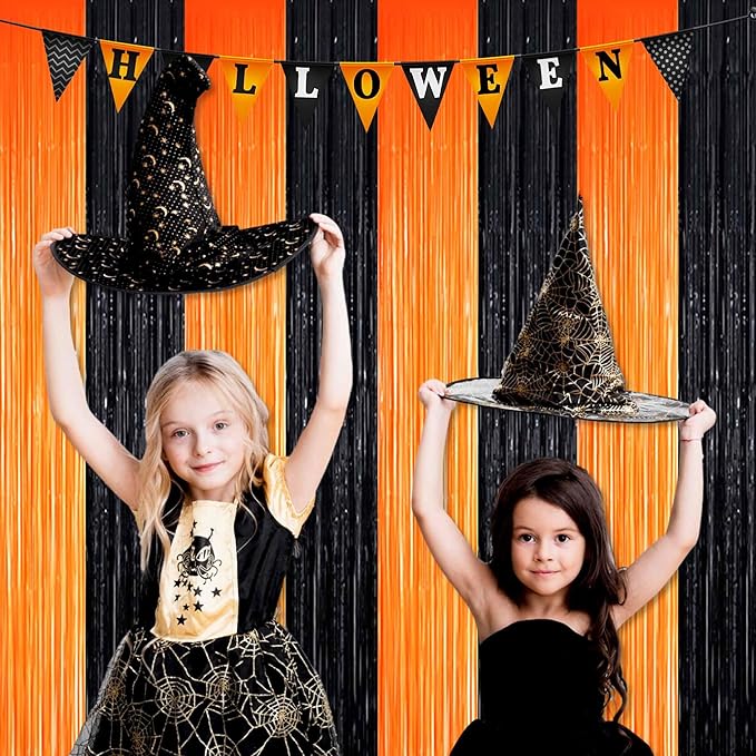6 Pack Black Orange Foil Fringe Curtains Backdrop, 3.28 x 9.8 Ft Metallic Streamers Tinsel Curtains Background for Photo Booth, Birthday, Halloween, Christmas, Thanksgiving, New Year Party Decorations