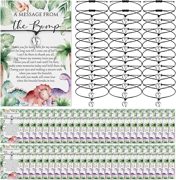 Thyle 50 Set Dinosaur Baby Shower Favors for Guests Adjustable Bracelets with Message from the Bump Card Footprints Charm Baby Shower Bracelets for Gender Reveal Thank You Gifts