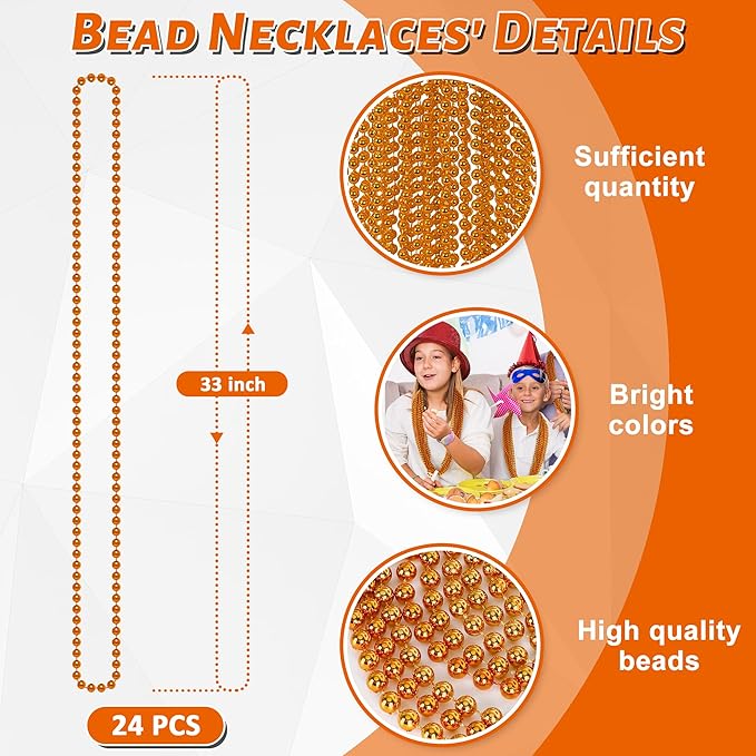 50PCS Bead Necklace, Orange Bead Necklaces Party Favors Bulk, 33" Mardi Gras Necklaces, Festival Parade Throw Accessories for Mardi Gras Halloween Wedding Party Celebrations Decorations