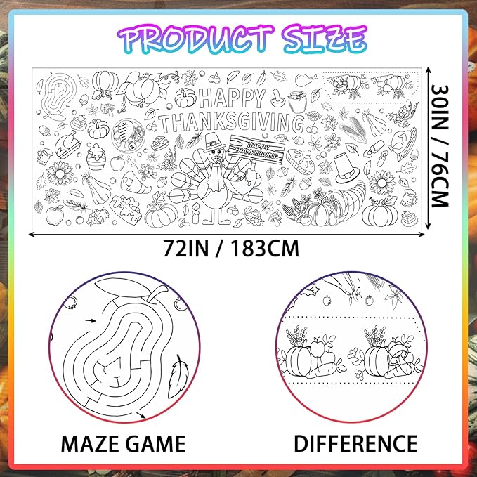 Thanksgiving Giant Coloring Poster,72 x 30 Inches Large Fall Thanksgiving Tablecloth/Banner for Kids DIY Coloring Tablecovers Gifts Turkey Pumpkin Fruits autumn School Classroom Home Party Supplies
