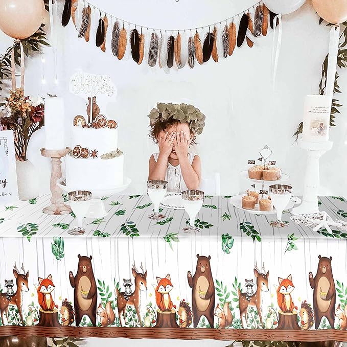 TREWAVE Woodland Animals Plastic Tablecloth Forest Wild Creatures Baby Shower Table Covers for Boy Girl Birthday Table Decoration Neutral Gender Reveal Decor Friendship Themed Party Supply 54" x 108"