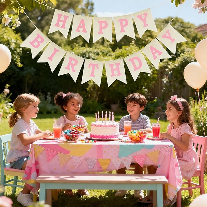 Anwyll Happy Birthday Banner - NO DIY Burlap Happy Birthday Banner Sign Happy Birthdays Party Decoration Happy Birthdays Banners Bunting for Women Girl Princess Celebration Party Backdrops (Pink)