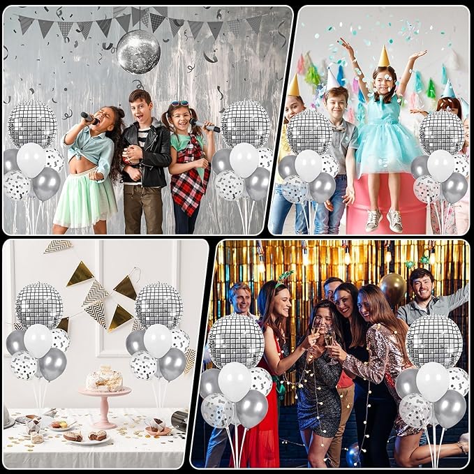 Disco Ball Party Balloons Stand Kit 2 Sets with 2 Silver 4D Discoball Foil Balloon Disco Ball Centerpiece for Tables 70s 80s 90s Dance Themed Birthday Decorations Silver White Party Supplies