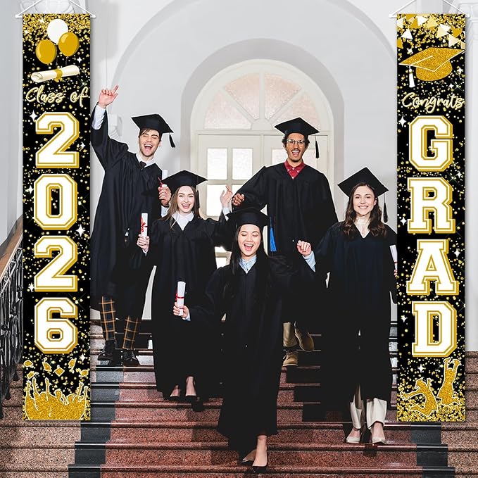 Class of 2026 Graduation Decorations Black and Gold Congrats 2026 GRAD Porch Sign Banner for High School and College Graduation Party Decoration