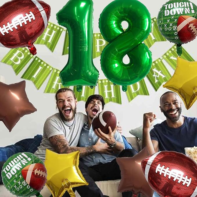 Football Balloons Foil Football Birthday Decorations Balloons Green Number 18 Balloon Gold Brown Star Touchdown Ballons for Rugby Birthday Decorations Sports Ballons Arch Kits Party Balloon Sets 10pcs