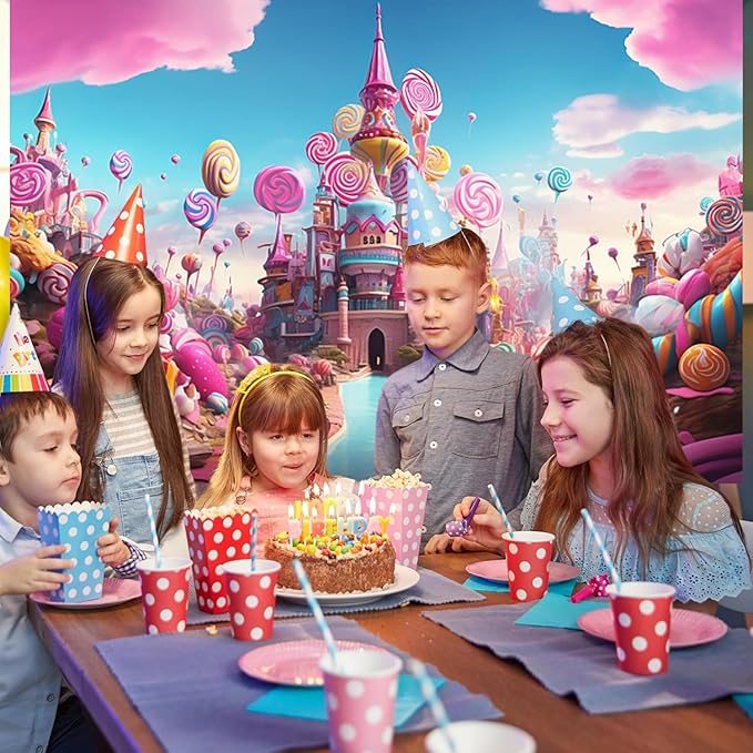 8x6ft Candyland Backdrop Fantasy Pink Castle Sweet Candy Photography Background Girls Birthday Candyland Theme Party Decorations Banner Photo Studio Props