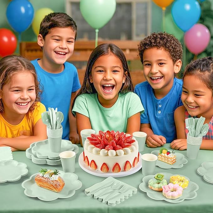 350 Pcs Sage Green Paper Plates and Napkins Set, 9" Easter Plates, 7" Scalloped Dessert Plate, 9oz Cup & Plastic Cutlery, Sage Green Party Supplies for Baby Shower Wedding Birthday, Serve for 50 Guest