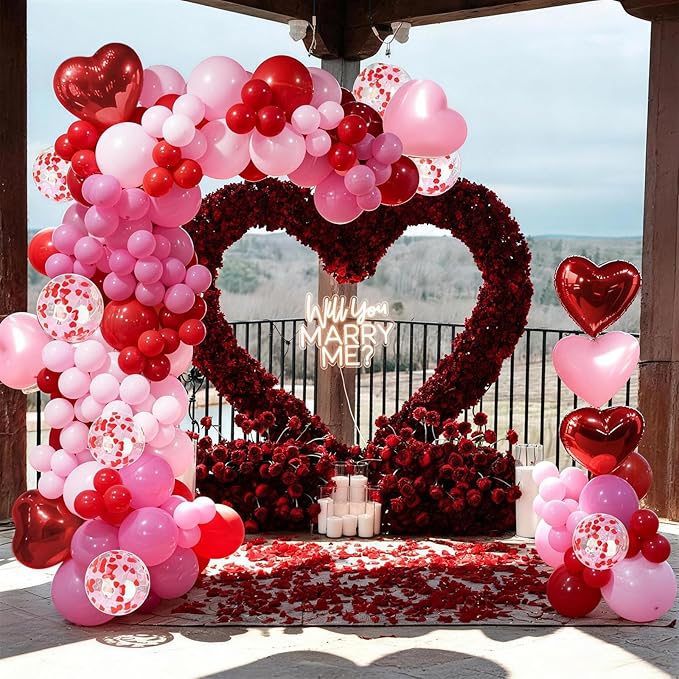 Valentine's Day Balloons Garland Arch Kit, 127Pcs Pink Red Rose Red Balloon with Red Pink Heart Foil Balloon for Valentine's Day Galentines Mother's Day Wedding Engagement Anniversary Party Decoration